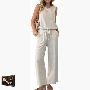 Linen Blend 2-Piece Set Sleeveless Top Wide Leg Pants Casual Lounge Wear